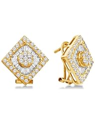 14K White Gold Large Channel Invisible Set Round & Diamond Square Shape Setting Flower Stud Earrings - (1.43 cttw)