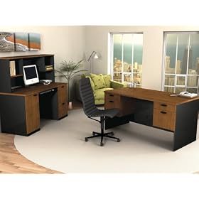Executive Work Station and Credenza Hutch Set in Tuscany Brown and Black - Hampton -...