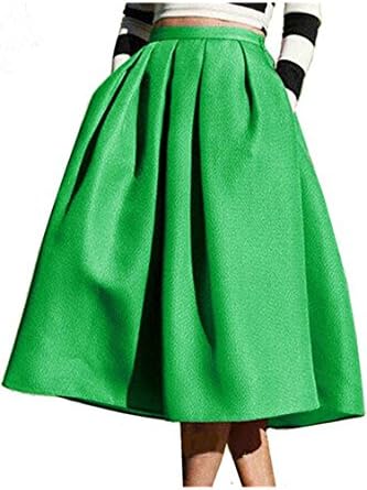 Mogra Womens Vintage Pleated High Waisted Elegant Swing Bubble Midi Skirt Green S