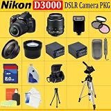 Nikon D3000 SLR Digital Camera with 3-inch LCD (Includes Manufacturer's Supplied Accessories) with 18-55mm Vr Lens + Huge Accessories Package Including Wide Angle Macro Lens + 2x Telephoto + 3 Pc Filter KIT + 8gb Sdhc Memory Card + 2x Extended Life Batteries + Carrying Case + Tripod & Much More !!
