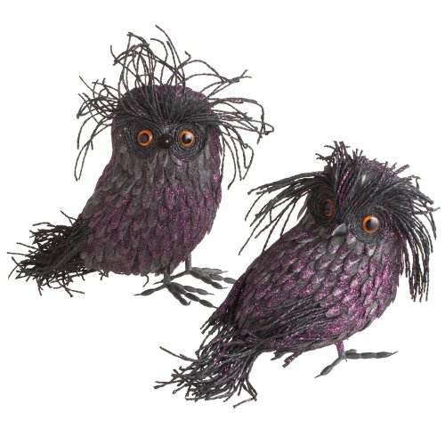 Purple Glitter Owls Halloween Decorations Set of 2