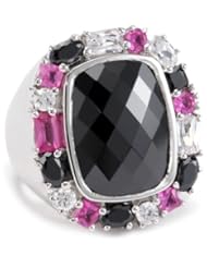 Giorgio Martello Sterling Silver Rhodium Plated Black, Amethyst, and White Cubic Zirconium Ring