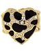Goldtone Black Epoxy Clear Crystal Heart Stretch Fashion Ring