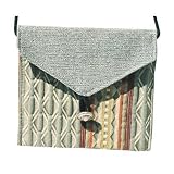 ArtisanStreet's Red and Green Flap Bag. Purse Two Complimentary Patterns of Gray and White Tweed. Closes with Silver Lion's Head Motif Button. Includes 43 Inch Shoulder Strap. Handcrafted, One of a Kind.