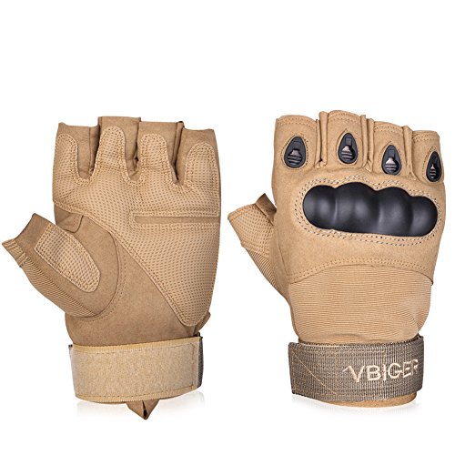 Vbiger Tactical Gloves Military Gloves Shooting Gloves Fingerless Half-finger Riding Hunting Cycling Gloves (Beige2, L)
