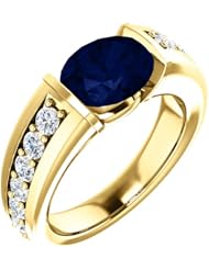 10K Yellow Gold 9.00x7.00mm Oval Cut Chatham Created Sapphire and Diamond Ring -- LIFETIME WARRANTY