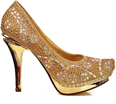 Fantasyshoes Women's Rhinstone Encrusted Mirror Heel Platform Court Shoes Gold 7 US