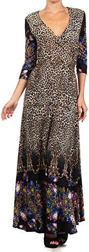 Cheetah Floral Abstract V-neck 3/4 Sleeve Maxi Dress - l