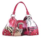 Hot Pink Animal Print Patchwork Satchel with Mock Croc Trim