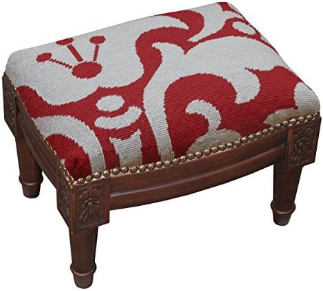 SketchONE Wool Needlepoint Upholstered Footrest, Damask, Red/Gray