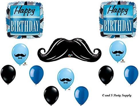 BLUE &amp; BLACK MUSTACHE BIRTHDAY Balloons Decorations Supplies