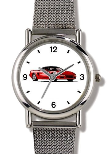 Classic Red Sports Car No.1 - WATCHBUDDY® ELITE Chrome-Plated Metal Alloy Watch with Metal Mesh Strap-Size-Large ( Men's Size or Jumbo Women's Size )