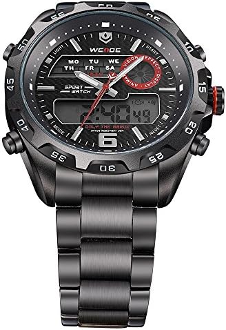 Jesusforyou ® Weide Waterproof Watch Men LCD Digital date Alarm Backlight Black Steel Watches + Free Gift As a Cross Necklace (Red)
