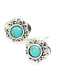 Jewelry: Ginasy Elegant Carved Small Flowers Inlaid Turquoise Vintage Stud Earrings for Women - Ginasy