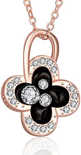 BlueVega Black Clover with White Diamonds Pendant Simple Style Pendant Necklace-Rose Gold