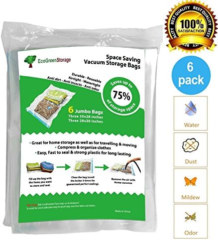 Jumbo Space Saver Vacuum Storage Bags. Save on Jumbo Storage bags compared to Ziploc Vacuum Seal. Excellent for long term storage or saving extra space while traveling. Pack of 6