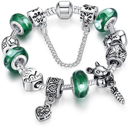 Fun Charm Jewelry Silver Green Glass Beads Heart and Animal Dangle Fit Pandora Charm Bracelet Bangles 21CM