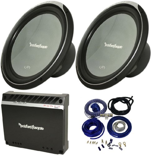 Package Pair of Brand New Rockford Fosgate Punch 15 800 Watt Single 4 Ohm Car Subwoofers + New Rockford Fosgate Punch Serieis P300-1 300w RMS Monoblock Amplifier + Cadence Wk81 Complete 8 Gauge Wire Kit with Rca Cables