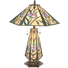 Meyda Tiffany 50808 Iris Hex - Three Light Table Lamp, Aged Bronze Finish with Beige Purple/Blue Glass