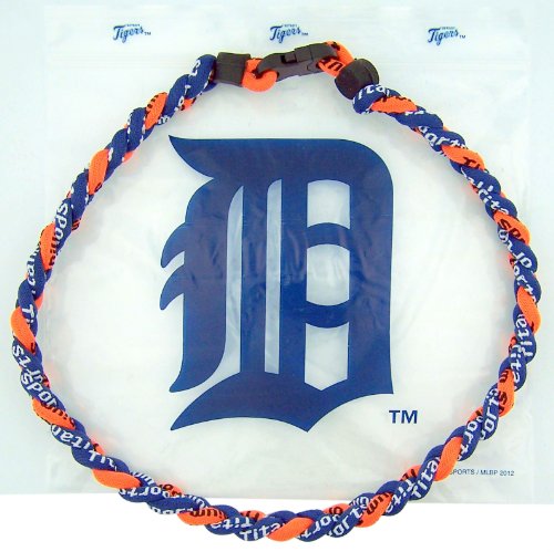 20 Inch Navy Blue Orange Braided Titanium Fiber Sports Necklace with Detroit Tigers Plastic Carrying Bag