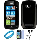 Black TPU Protective Form-Fitting Skin Cover for T-Mobile Nokia Lumia 710 Nokia Windows Phone + Clear Screen Protector + Black Hands-free Headphones + SumacLife TM Wisdom*Courage Wristband