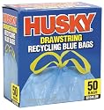 Husky HK30DS050BU 30-Gallon Drawstring Recycling Blue Bags, 50 Count