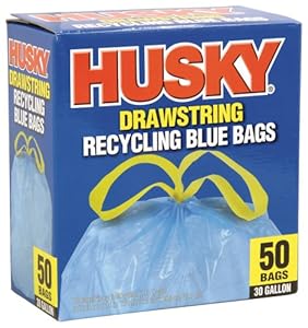 Husky HK30DS050BU 30-Gallon Drawstring Recycling Blue Bags, 50 Count