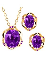 6.87 Ct Oval Purple Amethyst Gemstone 18k Yellow Gold Pendant Earrings Set