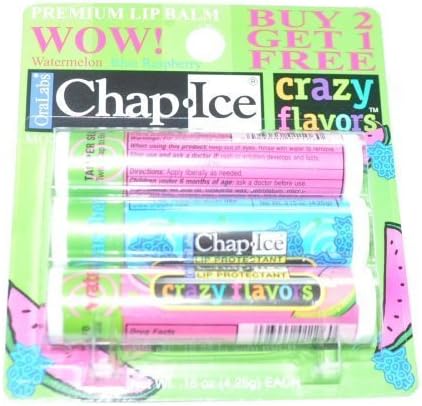 Chap-Ice SPF 4 Premium Lip Balm, Crazy Flavors (Watermelon & Blue Raspberry), 3 pack by Oral Labs