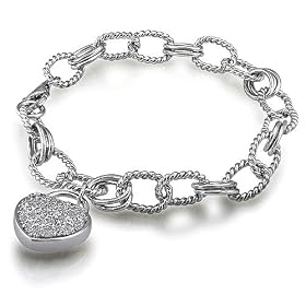 Sterling Silver Bracelet Twisted Cable Bracelet With Cubic Zirconia CZ Accent Heart Charm - For Valentines Day Gift