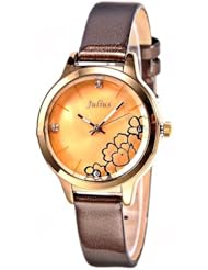 (JULIUS) Genuine Leather Band Quartz Watch Wrist Analog Watch Timepiece Wristwatch with Rhinestones for Woman - Coffee SWWT2-272156