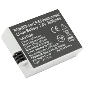 STK's Canon LP-E5 Battery Pack - 2000mAh for Canon EOS Rebel XS, Rebel T1i, Rebel XSi, 1000D, 500D, 450D, Kiss X3, Kiss X2, Kiss F, LPE5, Canon, Cannon
