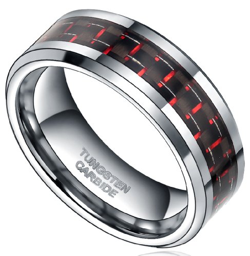 8mm Tungsten Carbide Rings Black Red Carbon Fiber Inlay Comfort Fit Wedding Band