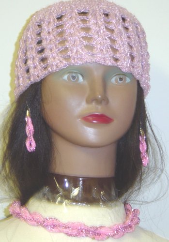 Click here to buy Sj9, Hand Crocheted Pink Metallic Skull Cap Offered in Combination with Twist Strand Fine Fushia....