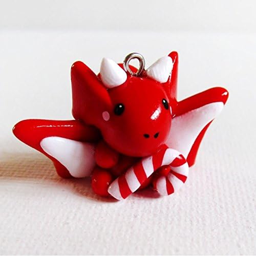 Handmade Polymer Clay Dragon Charm Necklaces - Lot's of Styles and Colors Available! (Holiday Red with Candy Cane)