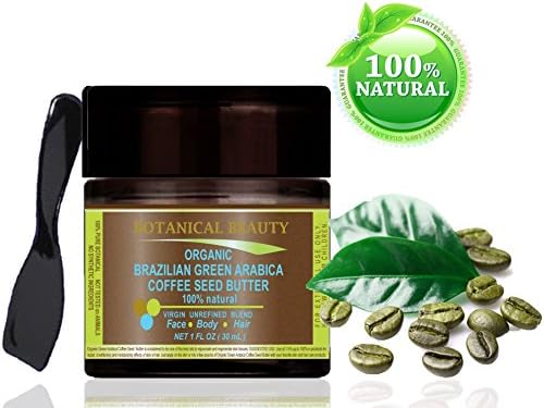 ORGANIC BRAZILIAN GREEN ARABICA COFFEE SEED BUTTER 100 % Natural / 100% PURE BOTANICALS. VIRGIN/ UNREFINED BLEND. 1 Fl.oz.- 30 ml. For Skin, Hair and Nail Care. "One of the best butters to reduce wrinkles, puffiness, dark circles. Anti-cellulite body care." by Botanical Beauty.