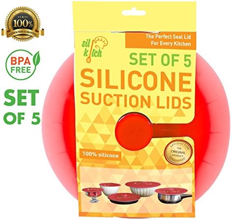 Silkitch Set of 5 - Silicone Suction Lids and Food Covers ,frying pan lid,skillet set covers(Red) (Blue)