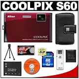 Nikon Coolpix S60 10 Megapixel Digital Camera (Crimson Red) with 5x Optical Zoom + EN-EL10 Battery + 4GB Card + Leather Case + Accessory Kit