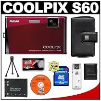 Nikon Coolpix S60 10 Megapixel Digital Camera  Crimson Red  with 5x Optical Zoom   EN-EL10 Battery   4GB Card   Leather Case   Accessory KitFrom Nikon 