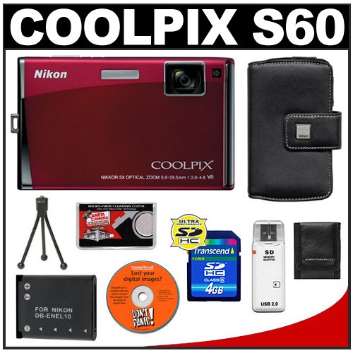 Nikon Coolpix S60 10 Megapixel Digital Camera (Crimson Red) with 5x Optical Zoom + EN-EL10 Battery + 4GB Card + Leather Case + Accessory Kit