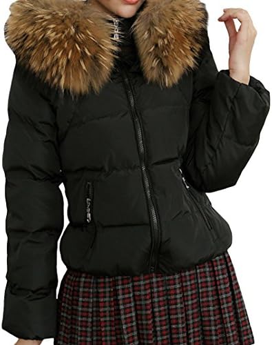 D.Man Women's Mid Long Large Fur Trim Belted Slim Winter Down Coat Jacket 2XL Black