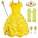 Princess Belle Costume Birthday Party Fancy Dress Up For Girls with Accessories(Crown+Wand+Earrings+Gloves) 4-5 Years(115cm)