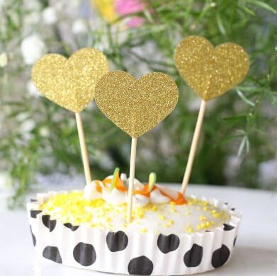 Generic Fashion 20pcs Gold Glitter Heart Cupcake Toppers, Wedding Party Engagement Food Picks Birthday Cake Decor Foodpicks