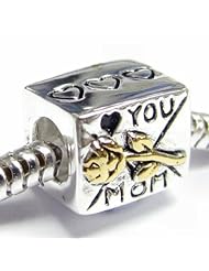 Gold on Sterling Silver Love You Mom Mother Heart Rose Flower Letter Bead for European Charm 3mm Snake Chain Bracelets
