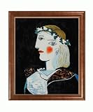 Art Reproduction Oil Painting - Picasso Paintings: Marie Therese With a Garland with Verona Cafe - Coffee Brown Patina Finish with Bead Detail - 24 X 28 - Hand Painted Framed Canvas Art