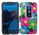 HTC EVO 3D Full Diamond Crystal, Colorful Flowers on Black Hard Case/Cover/ ....