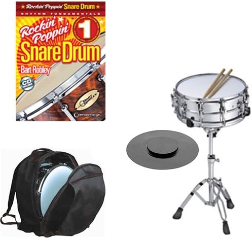 Band Directors Choice Complete Student Snare Drum Kit w/Stand, Backpack Carry Bag, Drum Practice Pad &amp; Sticks &amp; Flams, Rockin' Poppin' Snare Drum Book