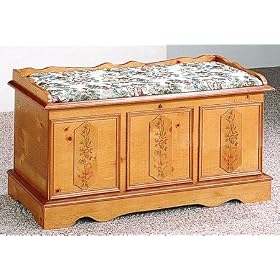 Cedar Wood Chest in Pine Finish with Hand Painted Floral Accents and Cushioned Pad
