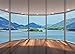 Leowefowa Vinyl 7X5FT Sea View Room Backdrop Ocean Mountain Island Green Plants French Sash Gloomy Wood Floor Blue Sky White Cloud Nature Travel Photography Background Kids Adults Photo Studio Props