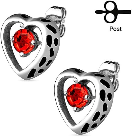 316L Surgical Stainless Steel Pair of Hollow Heart with Centered Red Cz Stud Earring, Friction Back Post, Earring Dimensions of 13.68MMx13.26MM